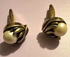 Vintage silver gold tone faux pearl cufflinks set